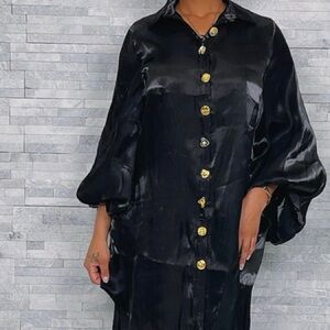 Black Satin Button-Up Blouse with Gold Accents